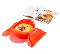 Lékué Kit Estuche de vapor Hondo + Libro recetas De cuchara y tenedor, Rojo, 3/4 personas
