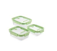 Lékué Set 3 recipientes herméticos de vidrio para conservar alimentos, 640ml, 1050ml y 1520ml de capacidad rectangulares
