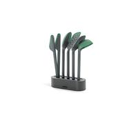 Lékué Set 5 Utensilios de cocina (Cuchara, Cucharón, Espátula, Espumadera y Pinzas) con base, Colección Essential