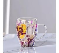 LEKUNI tazas de cafe con Flores Secas, 350ml vasos cafe cristal, taza doble pared cristal, tazas cafe espresso de Vidrio Transparente para nespresso, Espresso, leche, Té(morado)