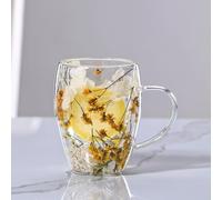LEKUNI tazas de cafe con Flores Secas, 350ml vasos cafe cristal, taza doble pared cristal, tazas cafe espresso de Vidrio Transparente para nespresso, Espresso, leche, Té(amarillo)