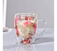 LEKUNI tazas de cafe con Flores Secas, 350ml vasos cafe cristal, taza doble pared cristal, tazas cafe espresso de Vidrio Transparente para nespresso, Espresso, leche, Té(rosa)