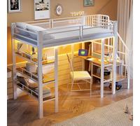 Lekvvied Cama alta de hierro de 90 x 200 cm con luces LED, enchufe, compartimento de almacenamiento y librería, litera con estructura de cama individual, color blanco
