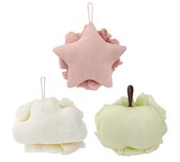 LELE LIFE Paquete de 3 esponjas de ducha de doble cara y exfoliante corporal - Esponja de baño, puf de ducha, coleteros, exfoliante de malla de viaje para mujeres y hombres