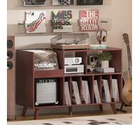 LELELINKY Gran soporte para discos con almacenamiento, soport para tocadiscos con estante, soporte para discos de vinilo con superficie de presentación, soporte para hasta 450 álbumes (Nogal)