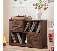 LELELINKY Soporte Grande para Tocadiscos con Almacenamiento, Organizador de Vinilos 1m, Mueble Rústico con Puertas de Granero, Estilo Mid-Century para Sala, Marrón