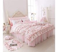 LELVA Juego de Funda de edredón con Estampado de Rosas románticas con Falda de Cama, Encaje Rosa, Volantes, Floral, Shabby Chic, Juego de Ropa de Cama tamaño Queen, 4 Piezas