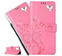 LEMAXELERS Carcasa Galaxy Z Fold 4,Funda Samsung Galaxy Z Fold 4 Flor de Mariposa de Diamante en Relieve Carcasa de Tipo Libro Ranuras Tarjetas de Soporte y Solapa con Cierre magnético Case,GH Pink