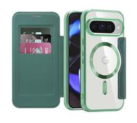 LEMAXELERS Carcasa para Google Pixel 10 Pro Funda Compatible con Magsafe,[Bloqueo RFID] Flip Folio Billetera Carcasa de Tipo Protectora PU Cuero Ranura para Tarjeta Trasera Transparente Case Green JD