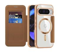LEMAXELERS Carcasa para Google Pixel 10 Pro Funda Compatible con Magsafe,[Bloqueo RFID] Flip Folio Billetera Carcasa de Tipo Protectora PU Cuero Ranura para Tarjeta Trasera Transparente Case Brown JD