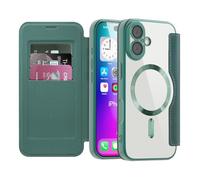 LEMAXELERS Carcasa para iPhone 17 Funda Compatible con Magsafe,[Bloqueo RFID] Flip Folio Billetera Carcasa de Tipo Protectora PU Cuero Ranura para Tarjeta Trasera Transparente Case Green JD
