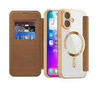 LEMAXELERS Carcasa para iPhone 17 Funda Compatible con Magsafe,[Bloqueo RFID] Flip Folio Billetera Carcasa de Tipo Protectora PU Cuero Ranura para Tarjeta Trasera Transparente Case Brown JD