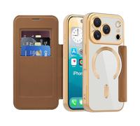 LEMAXELERS Carcasa para iPhone 17 Pro Funda Compatible con Magsafe,[Bloqueo RFID] Flip Folio Billetera Carcasa de Tipo Protectora PU Cuero Ranura para Tarjeta Trasera Transparente Case Brown JD