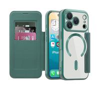 LEMAXELERS Carcasa para iPhone 17 Pro Funda Compatible con Magsafe,[Bloqueo RFID] Flip Folio Billetera Carcasa de Tipo Protectora PU Cuero Ranura para Tarjeta Trasera Transparente Case Green JD