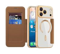 LEMAXELERS Carcasa para iPhone 17 Pro MAX Funda Compatible con Magsafe,[Bloqueo RFID] Flip Folio Billetera Carcasa de Tipo Protectora PU Cuero Ranura para Tarjeta Trasera Transparente Case Brown JD