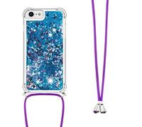 LEMAXELERS con Cordón Funda para Apple iPhone 16E,Carcasa Brillante Brillo Liquida Glitter Estuche Antideslizante Silicona líquida con Correa Ajustable Case para iPhone 16E,YB GS Blue Love