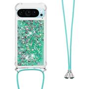 LEMAXELERS con Cordón Funda para Google Pixel 10,Carcasa Brillante Brillo Glitter Estuche Antideslizante Silicona líquida con Correa Ajustable Case para Google Pixel 10,YB GS L-Green Love