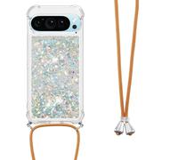 LEMAXELERS con Cordón Funda para Google Pixel 10 Pro XL,Carcasa Brillante Brillo Glitter Estuche Antideslizante Silicona líquida con Correa Ajustable Case,YB GS L-Silver Love