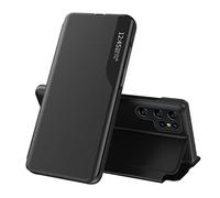LEMAXELERS Funda para Samsung Galaxy S22 Ultra Carcasa, Ultra Slim Clear Smart Ligero Flip Libro Funda Translúcido View Stand Cover PC + PU Bumper Soporte Case para Galaxy S22 Ultra QH CC Black