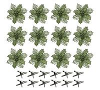 LEMCC 12 piezas de flores de Pascua artificiales con purpurina de Navidad, 16 cm, flores de Pascua verdes artificiales con clips, decoraciones de árbol de Navidad para coronas, guirnaldas, decoración