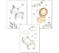 Lemmami Papelería Juego de 3 pósteres para habitación de niños y bebés, tamaño DIN A4, decoración para niños y niñas, león, rinoceronte y safari (juego de 3 pinturas al agua, decoración de pared)