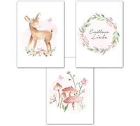 Lemmami Papeterie Juego de 3 cuadros de pared para habitación de bebé, imágenes DIN A4, niñas, niños, decoración, animales del bosque, ciervo, flor, frase (juego de 3 imágenes, rosa, pastel,