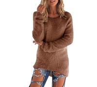 Lemoiitea Camiseta de forro polar para mujer, color liso, cuello redondo, ajuste holgado, informal, de manga larga, túnica de invierno, sudaderas gruesas de felpa cálida, marrón, XL