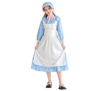Lemoiitea Conjunto de vestido de niña con estampado floral y cuello de muñeca de manga larga + sombrero + delantal, trajes de sirvienta europea, disfraz de cosplay para niños de 4 a 12 años