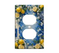 Lemon Kitchen - Placa de pared dúplex con diseño de flores botánicas de verano, fondo azul, plástico azul de verano, tamaño estándar, doble toma de corriente, para sala de estar, dormitorio