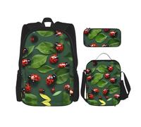 Lemon Zest - Mochila de 3 piezas con diseño de rayas amarillas, para viajes, senderismo, portátil, ligera, bolsa de almuerzo aislada para mujer, Hojas y mariquita, Talla única