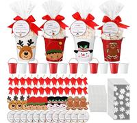 LemonRoad Juego de 24 cubos de regalo de poemas de caca de Navidad, cubos de metal rojo/blanco con 48 tarjetas, 24 lazos, 5 hojas de pegamento y 50 bolsas de vidrio de nieve, envoltura de dulces para