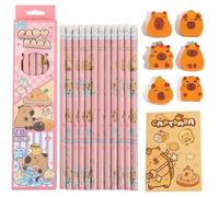 LEMONSTONE Lápices 2B 12 unidades de lápices gruesos con goma de borrar, con cuaderno y 6 gomas de borrar, lápiz 2b, mina gruesa estable, lápices de madera para escuela, oficina y hogar (Capybara)