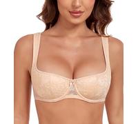 Lemorosy - Sujetador Balconette Push Up con Aros para Mujer Básico Tirantes Acolchados Media Copa Encaje (Beige,90B)