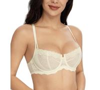 Lemorosy-Sujetador Mujer de Encaje Balconette Media Copa con Aros Sexy Malla Semi-Transparente sin Relleno Push up(Beige,90B)