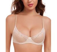 Lemorosy Sujetador Mujer Sexy Copa Media con Aros Balconnet con Varillas con Malla Sin Relleno Transparente Bralette (Beige,100C)
