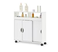 LEMROE Armario de baño de 3 Puertas con Estante Abierto, Mueble de baño móvil con Ruedas, Puertas correderas, Armario de Almacenamiento (Blanco)