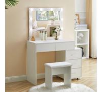 LEMROE Tocador con Espejo, Taburete Acolchado y Maquillaje LED Con Iluminación Regulable y Cajones (DR-0266)