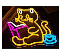 LEMST Decoración Lámparas Letrero De Neón Con Diseño De Gato Leyendo Un Libro, Con Luz De Neón Para Dormitorio, Aula, Librería Y Biblioteca 29.5x34.7cm