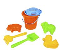Lena 05416 Happy Sand Set de 7 piezas de juguete de playa con cubo, colador, 3 moldes (cordero, pato, cerdo), rastrillo y pala, juguete de arena para niños a partir de 12 meses, multicolor