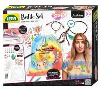 Lena 42608 Batik Boho - Kit de manualidades con mochila de lino de 29 x 34 cm, 5 colores batik, 3 lápices textiles, láminas para planchar, perlas para el pelo y cinta trenzada para niños a partir de 8