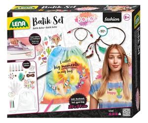 Lena 42608 Batik Boho - Kit de manualidades con mochila de lino de 29 x 34 cm, 5 colores batik, 3 lápices textiles, láminas para planchar, perlas para el pelo y cinta trenzada para niños a partir de 8