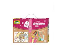 Lena 42714 - Maletín para manualidades, material para manualidades con papel colorido,goma musgo,limpiador de pipas, pedrería, ojos, pompones, botones y más,para niños a partir de 5 años,rosa y morado