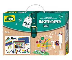 Lena 42715 Piezas de maletín de manualidades, material para manualidades con papel de colores, goma espuma, limpiador de pipas, ojos tambaleantes, pompones, palitos de hielo y más, para niños a partir