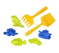 Lena Juego de Arena, Juego de 7 Piezas con Pala y rastrillo, T-Rex, Stegosaurus, pez, Coche y Barco Vikingo, Apto a Partir de 12 Meses, embalado en una Red