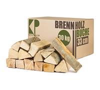 Leña Madera 33 cm para Estufa y Chimenea Brasero Parrilla Cesta de Fuego Troncos de Madera de Haya 30, 60 o 90 kg Kingpower, Cantidad:30 kg