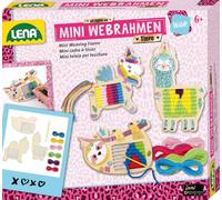 Lena® Minicuadro para tejer Animales, contiene tres minicuadros, perezoso y llama hechos de madera contrachapada, seis hilos y adhesivos metálicos