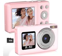 LENANE Cámara digital, cámara FHD 4K para apuntar y disparar con tarjeta de 32 G, cámara de enfoque automático de 48 MP para niños con doble creación, cámara compacta portátil con zoom de 18X, luz