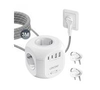 LENCENT 3M Cubo Regleta con Enchufe Plano, Alargador Enchufe Plano con 4 Tomas de CA, 2 USB-A, 2 USB-C y 2 Cubiertas Protectoras, Regleta de Viaje para Hogar, Cocina y Oficina