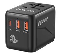 LENCENT Adaptador de Viaje Universal PD20W, Cargador Internacional con 2 Puertos USB y Carga Rápida Tipo C, Cargador Pared Mundial para Móviles, Tabletas, Ordenador Portátil, USA/UK/EU/AUS, Negro