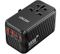 LENCENT Adaptador Enchufe Universal GAN 100W, Cargador Internacional con 2 PD3.0 Tipo C+2 QC USB A Carga Rápida, Adaptador de Viaje para Móviles, Tabletas, Portátil, EU/USA/UK/AU, Negro